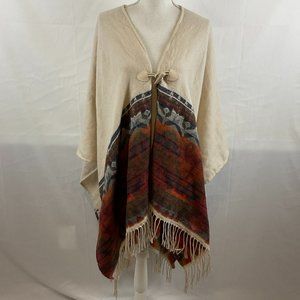 Love Squared Poncho One Size Cream Orange Red Navy Blue Aztec Style Print Fringe
